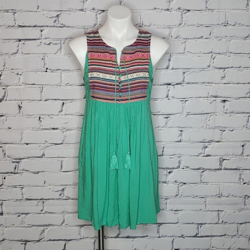 Umgee Green & Striped Tunic Dress, Size Small